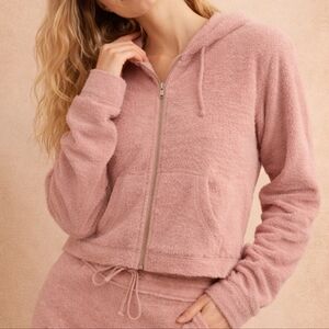 Free People FP One Queenie Cropped Zip Up Hoodie Fuzzy Knit Sweater Pink Medium